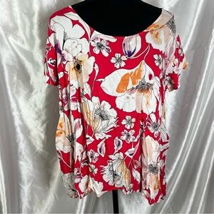 🖤Anne Carson Coral Pink Floral Boho Tunic Top XL–XXL Oversized Flowy Resortwear